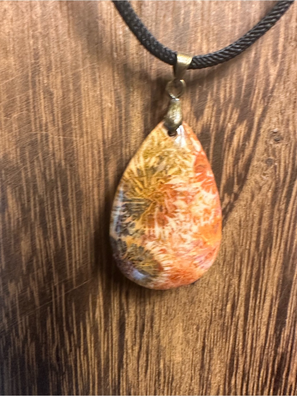 Orange and Black Coral Fossil Teardrop Pendant Necklace on Black Rope - Picture 13 of 16